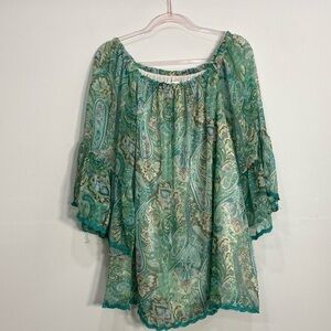 Paisley Vine Boho Blouse Women's Medium Green